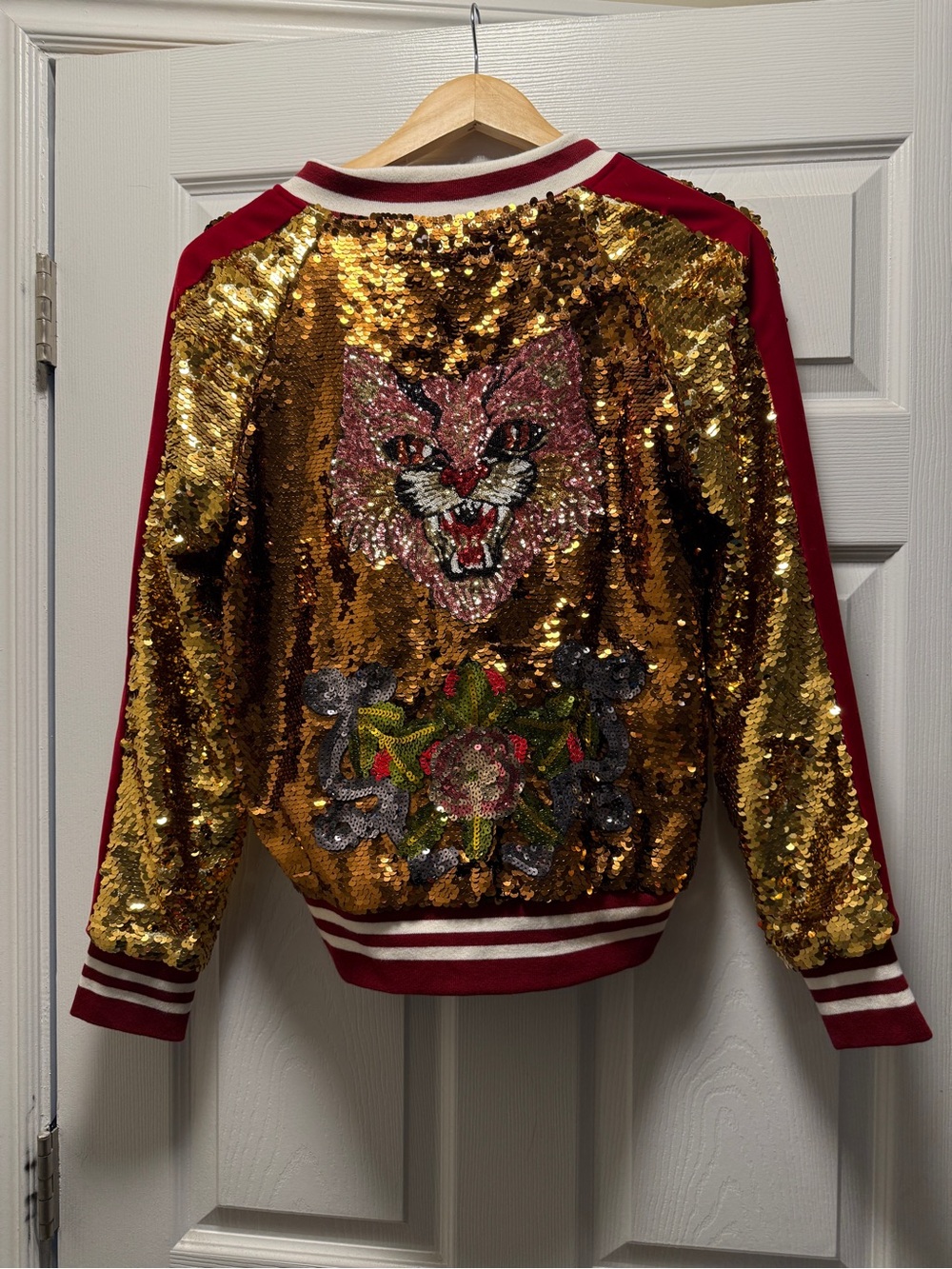 Gold Sequin Bomber Jacket with Red Accents and Embroidered Cat